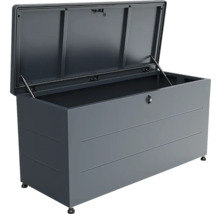 Garten-Aufbewahrungsbox aus Metall in Anthrazit mit geöffnetem Deckel, Gasdruckfedern, Schloss und horizontalen Zierlinien.