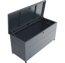 Biohort Freizeitbox aus Metall in Dunkelgrau mit geöffnetem Deckel und Gasdruckfedern.