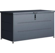 Weka Gartenbox aus Metall mit flachem Deckel, Griff, Schloss, verstellbaren Füßen und Weka Logo.