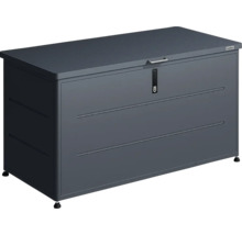 Anthrazitfarbene Gartenbox aus Metall von Weka mit flachem Deckel, Griff und integriertem Schloss.
