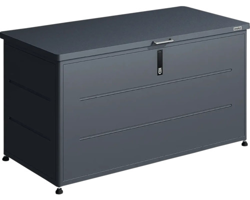 Anthrazitfarbene Gartenbox aus Metall von Weka mit flachem Deckel, Griff und integriertem Schloss.