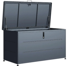 Grosse Auflagenbox aus Metall in Anthrazit mit geöffnetem Deckel und Gasdruckfedern für den Garten.