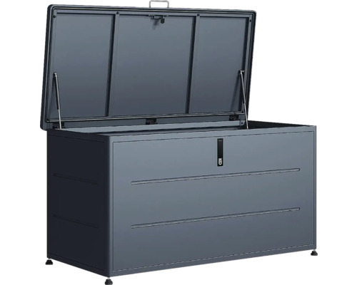 Grosse Auflagenbox aus Metall in Anthrazit mit geöffnetem Deckel und Gasdruckfedern für den Garten.