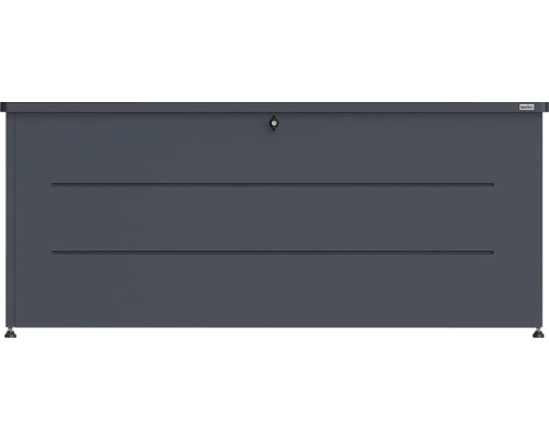 Coffre de jardin Weka en métal anthracite, verrouillable, avec lignes horizontales et pieds.