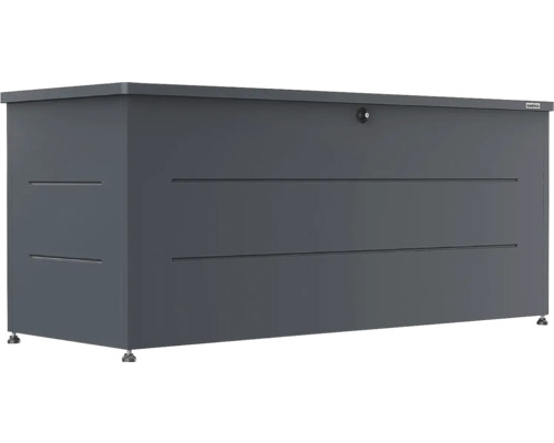 Coffre de rangement rectangulaire en métal de weka en anthracite avec serrure et rainures décoratives horizontales.