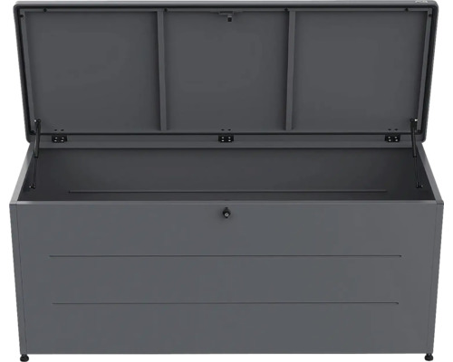 Coffre de jardin en métal gris foncé avec couvercle ouvert, ressorts à gaz et serrure.