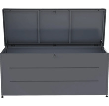 Coffre de jardin ouvert en métal gris foncé avec vérins à gaz et serrure.