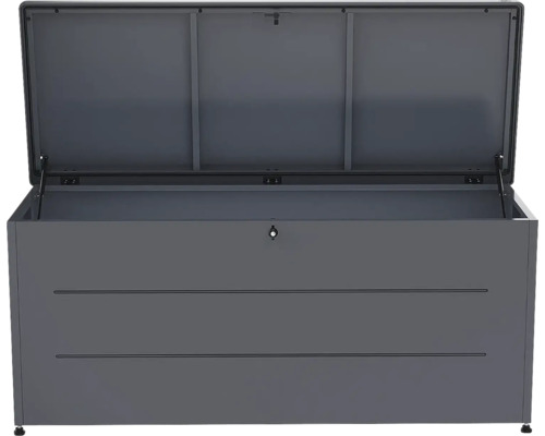 Coffre de jardin ouvert en métal gris foncé avec vérins à gaz et serrure.