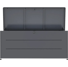 Coffre de jardin en métal gris foncé avec couvercle ouvert et serrure.