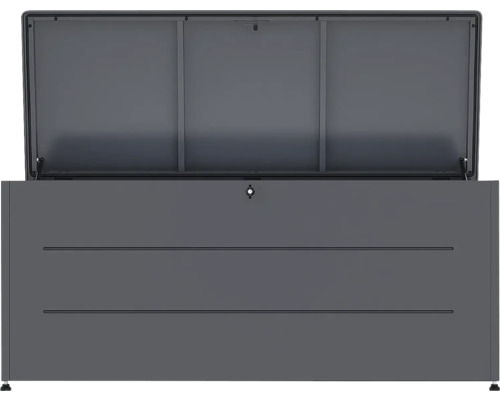 Coffre de jardin en métal gris foncé avec couvercle ouvert et serrure.