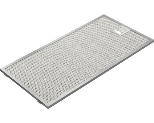 Filtre à graisse métallique rectangulaire pour hotte aspirante avec grille à mailles fines et levier de déverrouillage.