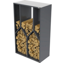 Range-bûches en métal avec compartiments remplis de bois de chauffage, Weka Logo.