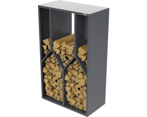 Range-bûches en métal avec compartiments remplis de bois de chauffage, Weka Logo.