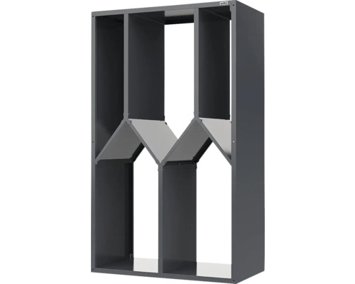 Étagère à bois de chauffage Weka en métal anthracite avec séparateurs verticaux et tablettes triangulaires.