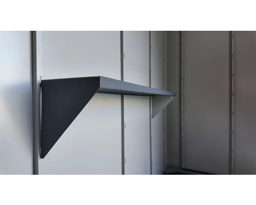 Étagère métallique gris foncé avec surface texturée, montage mural.