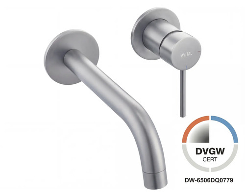 Mitigeur de lavabo mural Avital avec bec et levier, aspect acier inoxydable, certifié DVGW, Avital Logo.