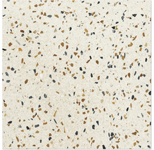 Carreau de sol aspect terrazzo avec base claire et fines inclusions de pierres dans les tons bruns et gris foncé.