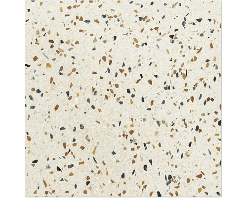 Carreau de sol aspect terrazzo avec base claire et fines inclusions de pierres dans les tons bruns et gris foncé.