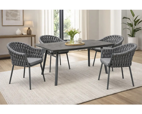 Modernes Gartenmöbel-Set mit anthrazitfarbenem Tisch und vier Stühlen mit grauer Seilverflechtung und Sitzkissen in einem hellen Raum.