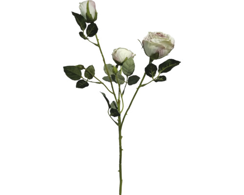 Branche de rose artificielle avec trois fleurs de couleur crème et des feuilles vertes.
