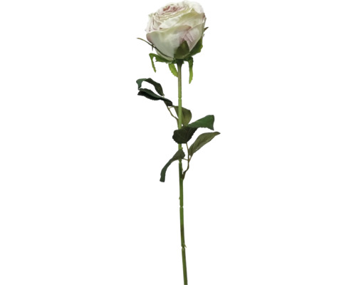 Rose blanche artificielle avec une longue tige et des feuilles.