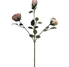 Branche de rose artificielle avec trois boutons et feuilles vertes.