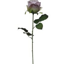 Rose artificielle avec une longue tige verte, des feuilles vertes et une fleur lavande.