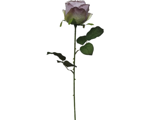 Rose artificielle avec une longue tige verte, des feuilles vertes et une fleur lavande.