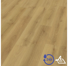 Revêtement de sol stratifié aspect bois avec protection contre l'eau de 24 heures et surface résistante aux rayures.