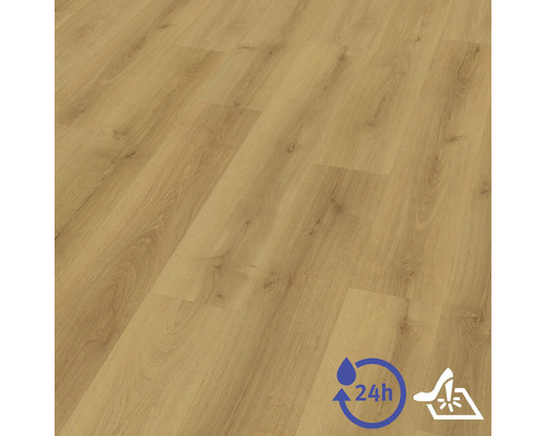 Revêtement de sol stratifié aspect bois avec protection contre l'eau de 24 heures et surface résistante aux rayures.