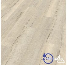 Revêtement de sol stratifié décor bois clair avec veinage apparent, résistant à l'eau jusqu'à 24 heures et facile à nettoyer.