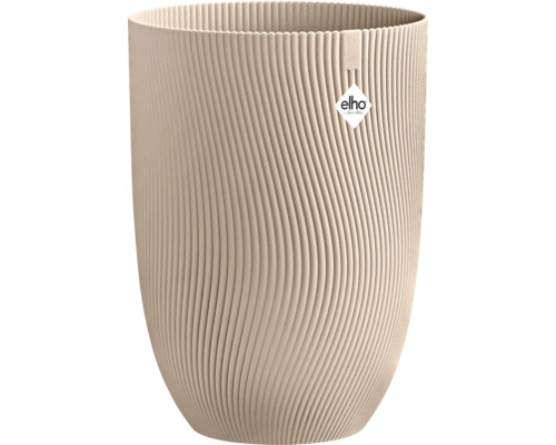 Pot de fleurs rond et haut en beige en plastique avec une structure de surface ondulée et Elho Logo.