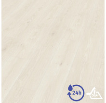 Revêtement de sol stratifié aspect bois avec symboles de résistance à l'eau pendant 24 heures et haute résistance.