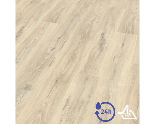 Revêtement de sol stratifié aspect bois clair avec protection contre l'eau pendant 24 heures et haute résistance aux rayures.