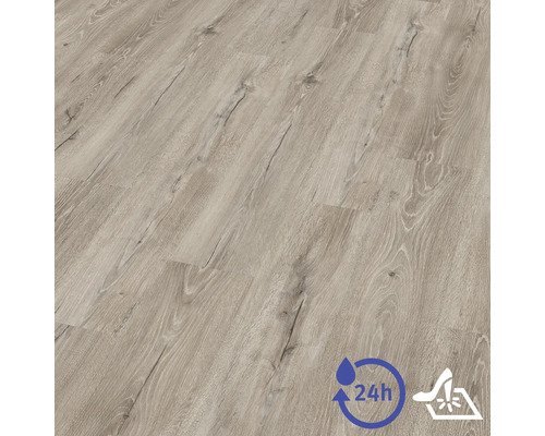 Revêtement de sol stratifié aspect chêne avec résistance à l'eau de 24 heures et haute résistance à l'usure.