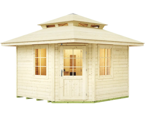 Gartenhaus aus hellem Holz mit abgestuftem Pagodendach, einer Tür mit Glaseinsatz und zwei Sprossenfenstern.