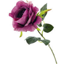 Künstliche Rose in Violett mit Stiel und grünen Blättern.