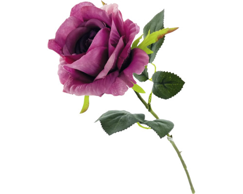 Künstliche Rose in Violett mit Stiel und grünen Blättern.