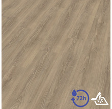 Sol stratifié avec texture bois, résistant à l'eau pendant soixante-douze heures et résistant aux rayures.