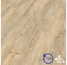 Sol stratifié avec aspect bois rustique et nœuds. Jusqu'à 72 heures de résistance à l'eau et adapté au nettoyage humide.