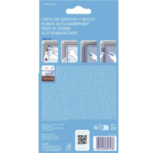 Rückseite der tesa Klettband-Verpackung für Insektenschutz mit Montageanleitung, Hinweisen für PVC, Aluminium und Holz sowie Herstellerinformationen.