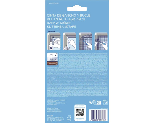 Rückseite der tesa Klettband-Verpackung für Insektenschutz mit Montageanleitung, Hinweisen für PVC, Aluminium und Holz sowie Herstellerinformationen.