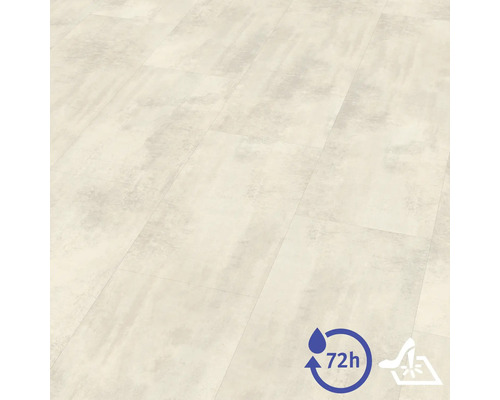 Sol stratifié aspect pierre, résistant à l'eau pendant 72 heures et facile d'entretien.