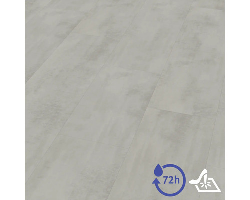 Revêtement de sol aspect béton, résistant à l'eau jusqu'à 72 heures et résistant aux chocs.