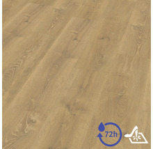 Sol stratifié aspect chêne avec veinures et nœuds. Résistant à l'eau pendant 72 heures et surface résistante aux rayures.