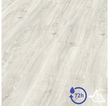 Revêtement de sol stratifié avec veinage de bois, résistant à l'eau jusqu'à 72 heures.