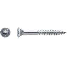 Vis à tête fraisée avec empreinte étoile, couleur argent, filetage partiel, vue de dessus et de côté.