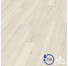 Revêtement de sol stratifié aspect bois clair, résistant à l'eau jusqu'à 72 heures et surface résistante aux rayures.