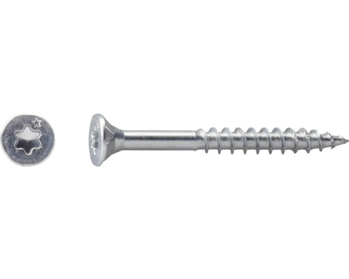 Senkkopfschraube aus Metall mit Torx-Antrieb und Teilgewinde, Ansicht von oben und von der Seite.