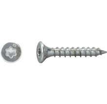 Vis à tête fraisée avec empreinte Torx en acier galvanisé, vue de dessus de la tête et vue latérale.